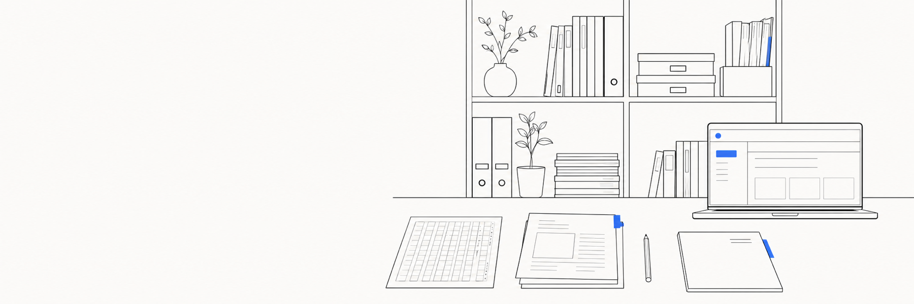 現役の教員がつくった道具と教材が並ぶ、棚と机のイラスト