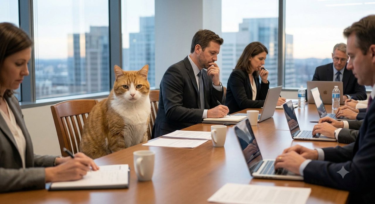 写真で一言 大喜利（会議室に猫が一匹）