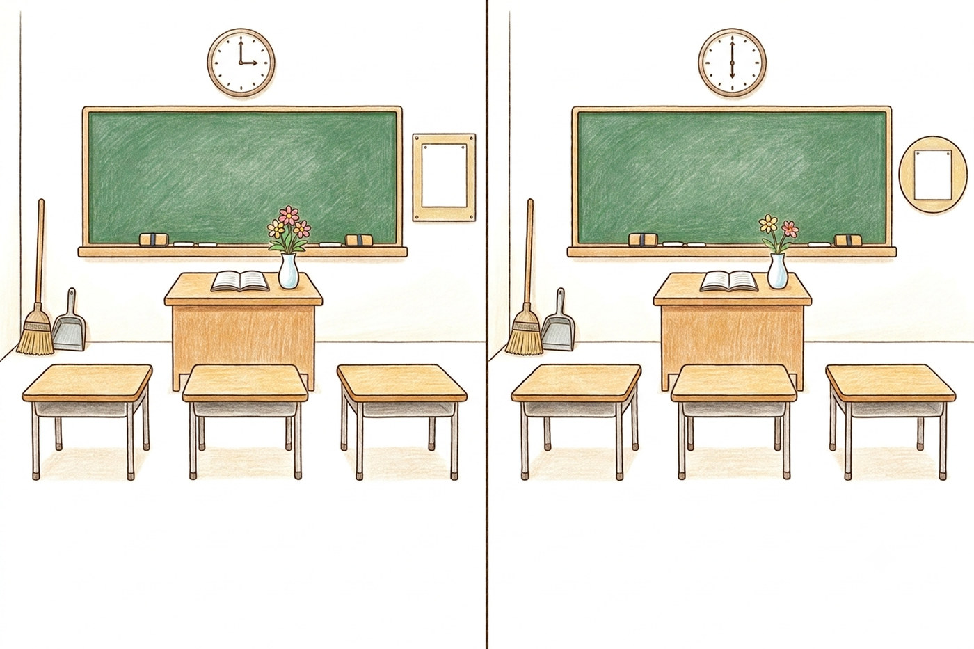 朝の教室の絵が左右に2つ並んだ間違い探しの見本