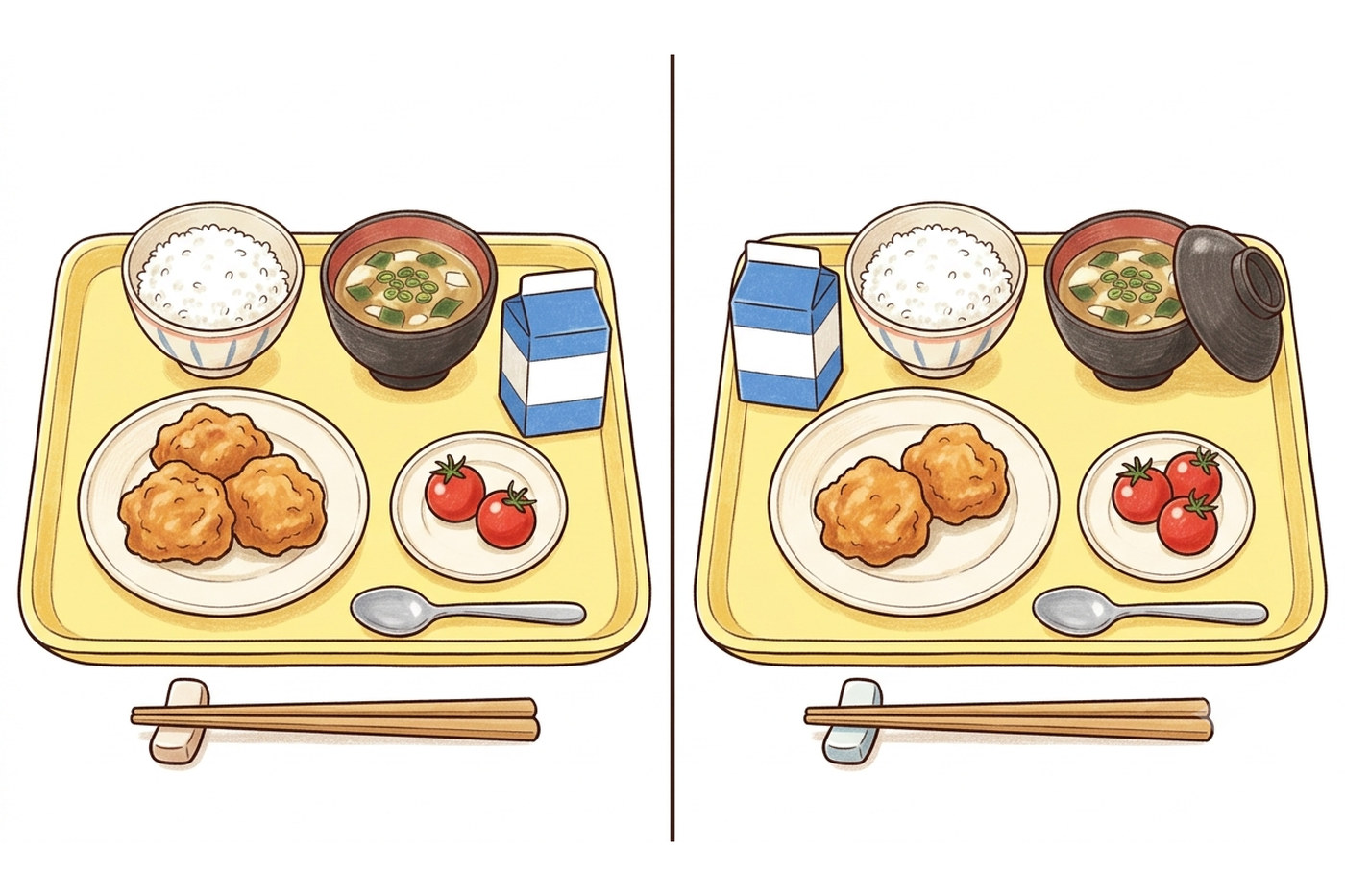 給食のおぼんを真上から見た絵が左右に2つ並んだ間違い探しの見本