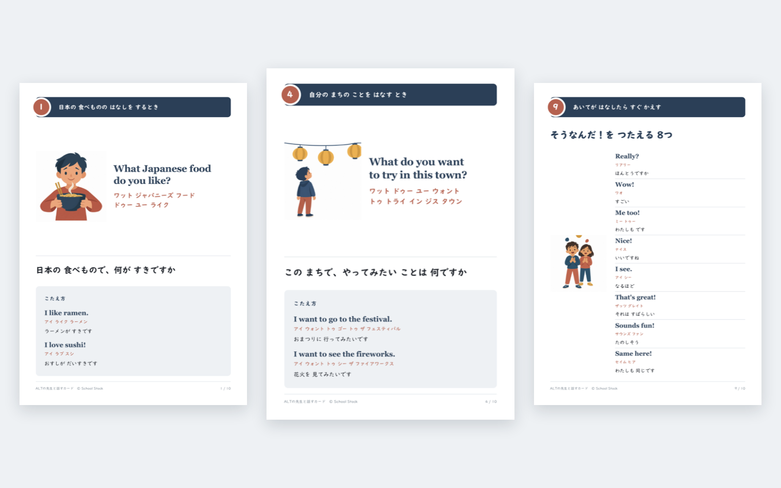 ALTの先生と話すカードの紙面が3枚ならんだところ