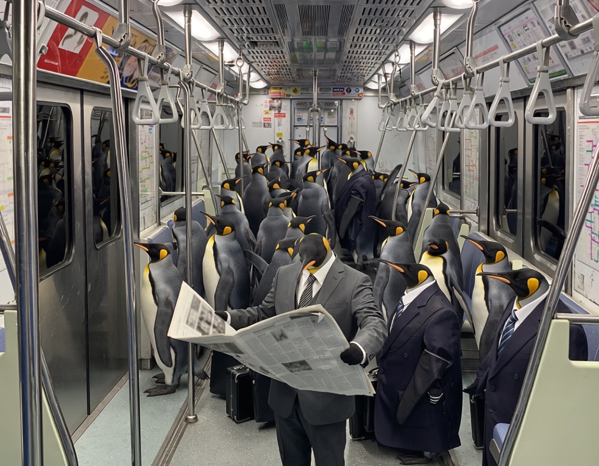 満員の通勤電車で、スーツを着たペンギンたちが吊り革につかまっている写真