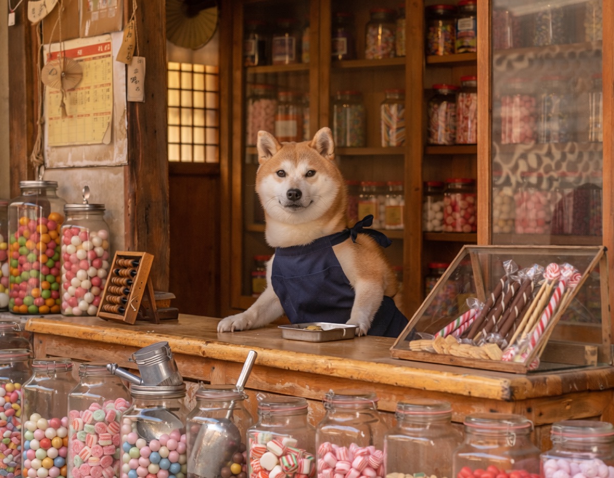 昭和の駄菓子屋の帳場で、前掛けをした柴犬が店番をしている写真