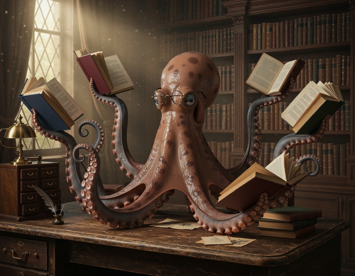 古い図書館で、8本の腕にそれぞれ本を持ったタコが眼鏡をかけている写真