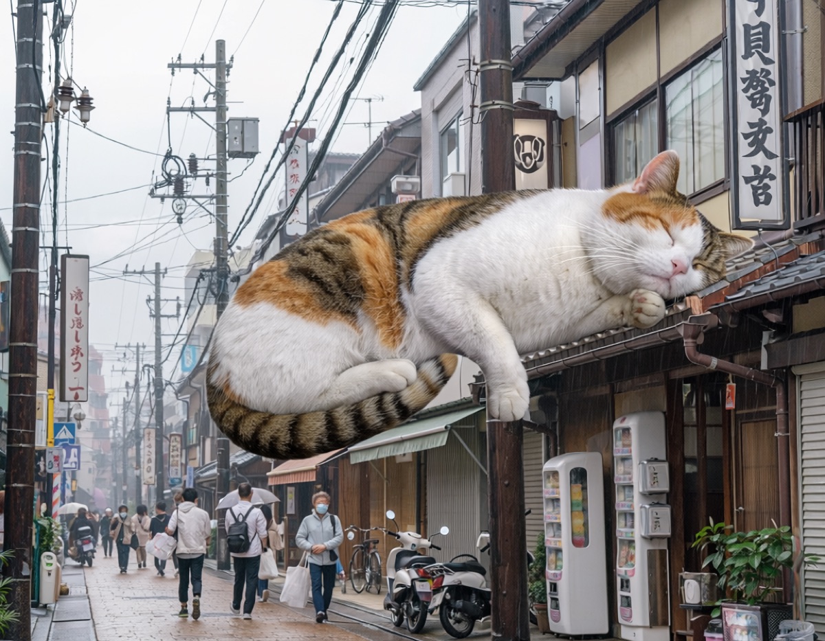商店街の屋根の上で巨大な三毛猫が眠り、その下を人が普通に歩いている写真