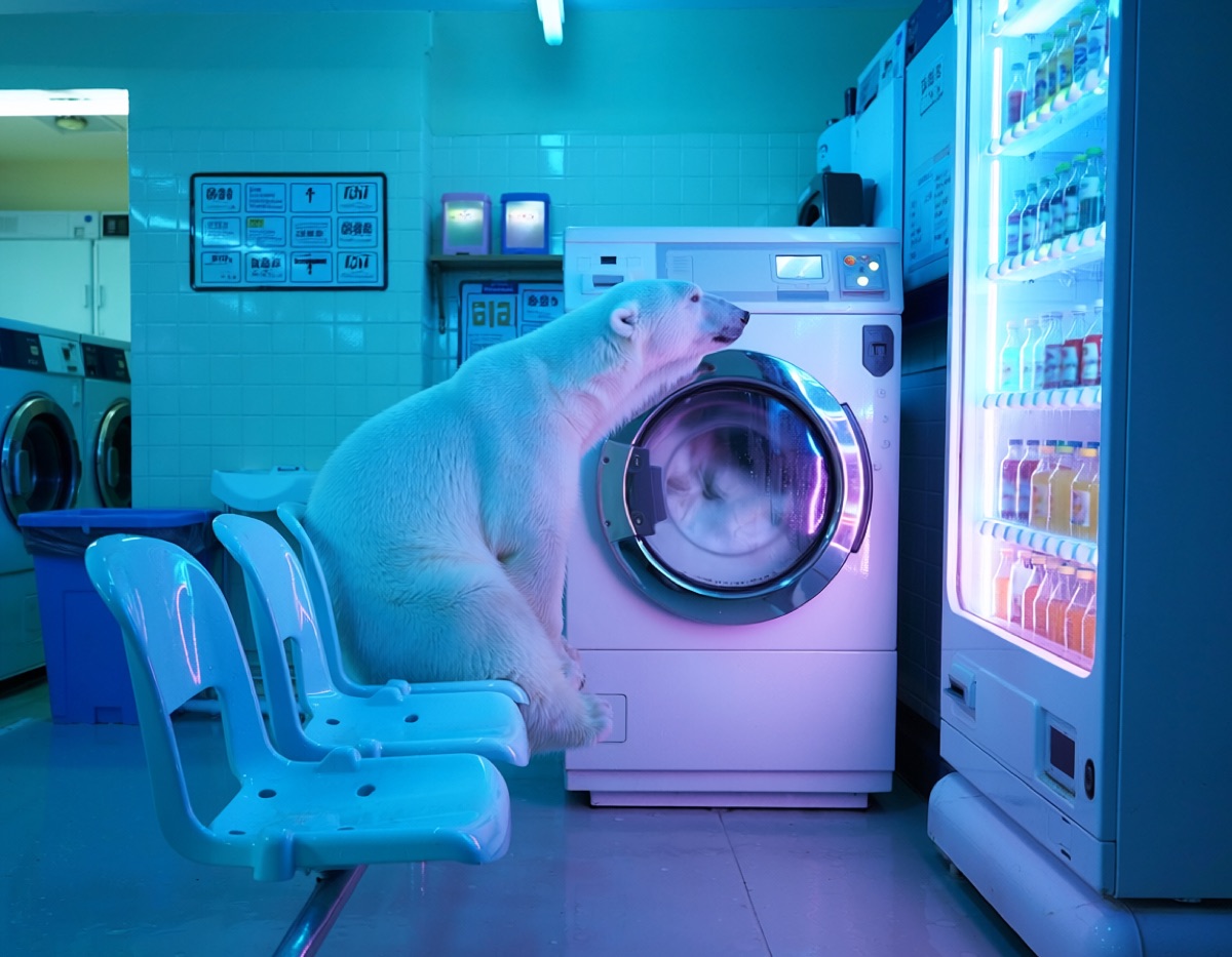 深夜のコインランドリーで、洗濯機を見つめて座るシロクマの写真