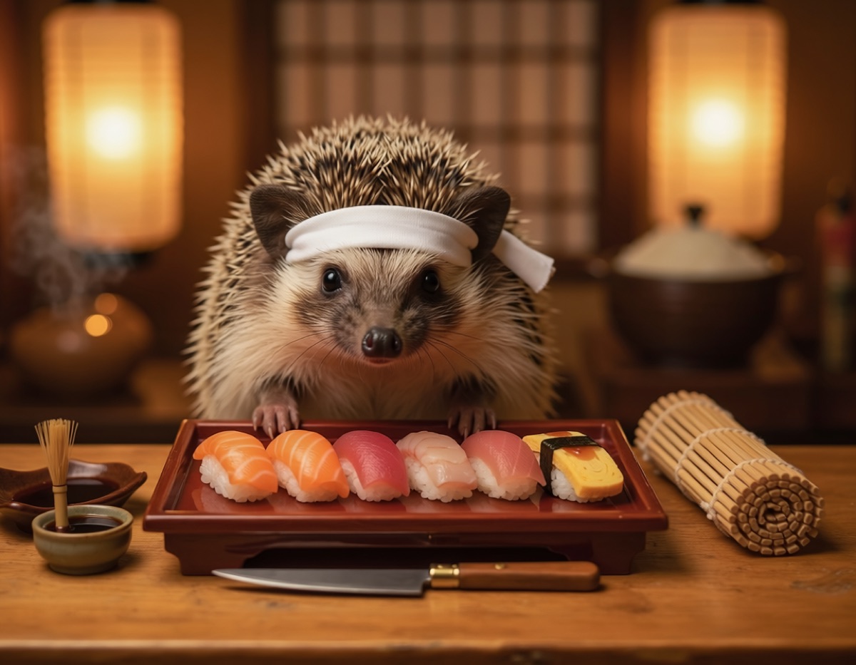 白いハチマキをしたハリネズミが、木のカウンターで握り寿司を並べている写真