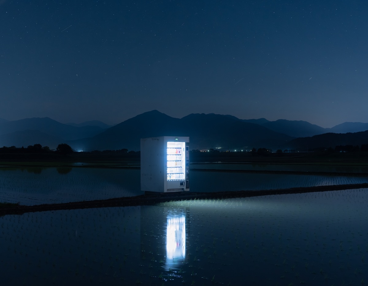 夜の田んぼの真ん中で、自動販売機だけが光り、水面に映っている写真