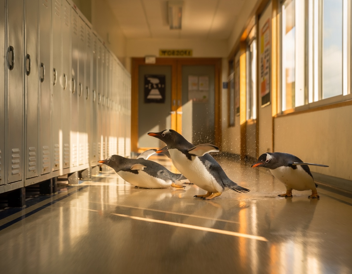 放課後の学校の廊下を、ペンギンたちが腹ばいで滑っている写真