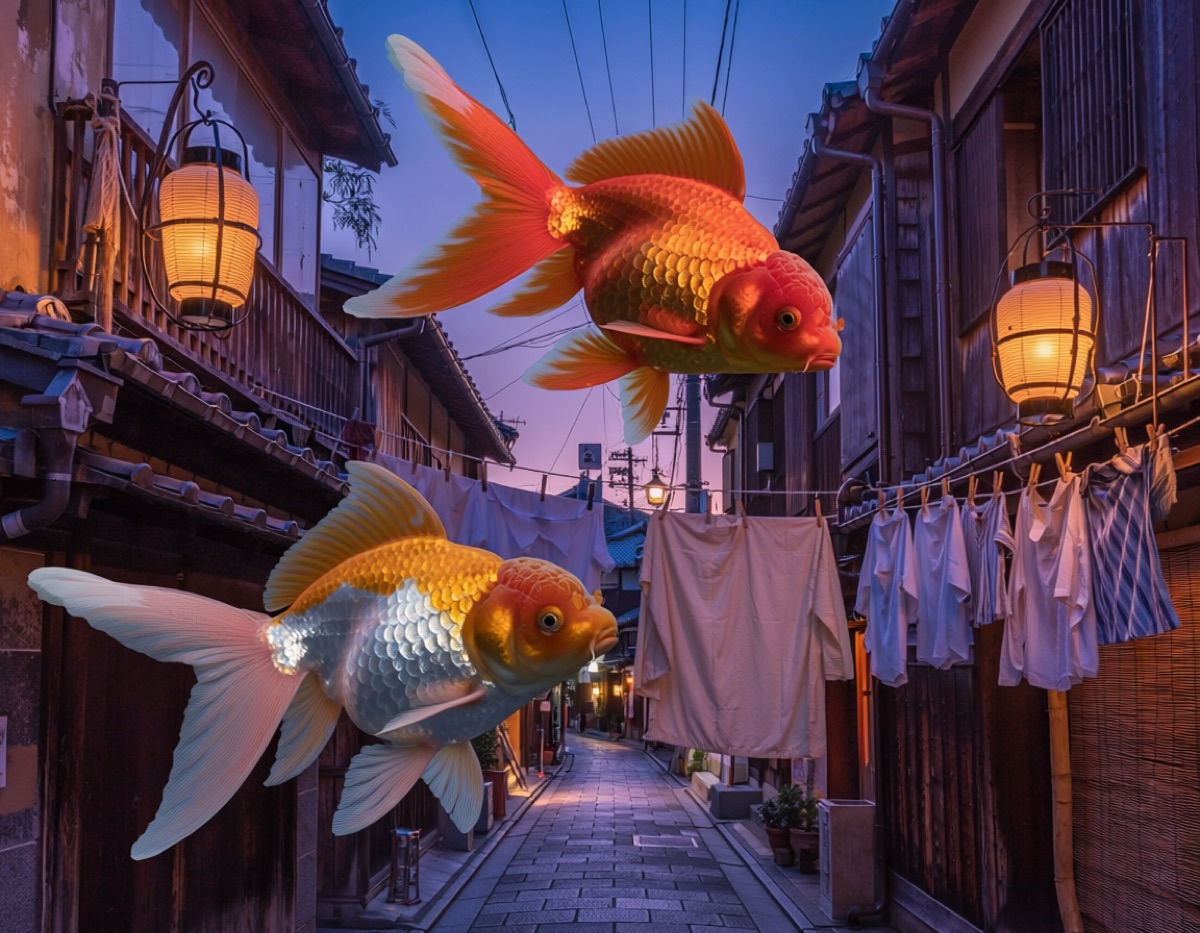 夕暮れの路地の上を、巨大な金魚が空中を泳いでいる写真