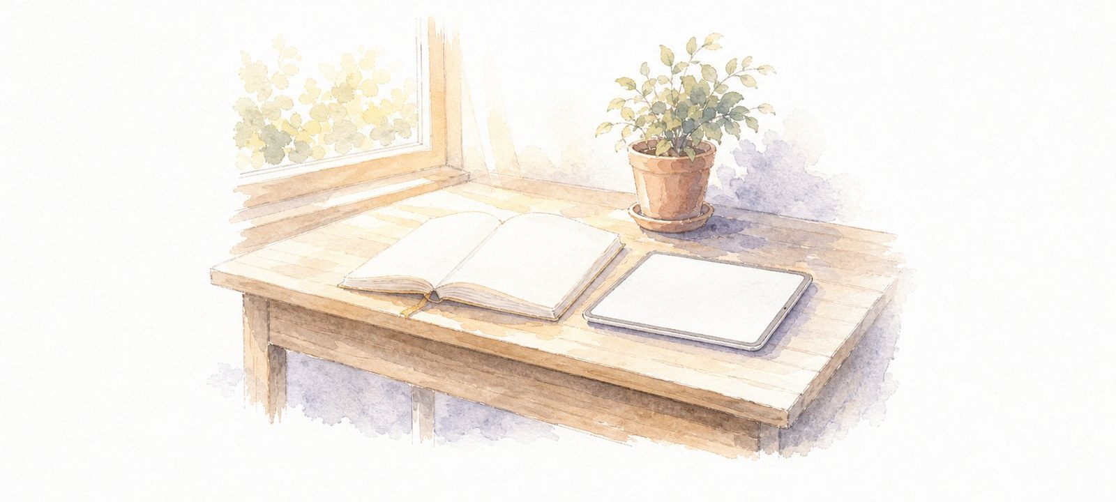 窓辺の机に、開いたノートとタブレットが置いてある水彩画