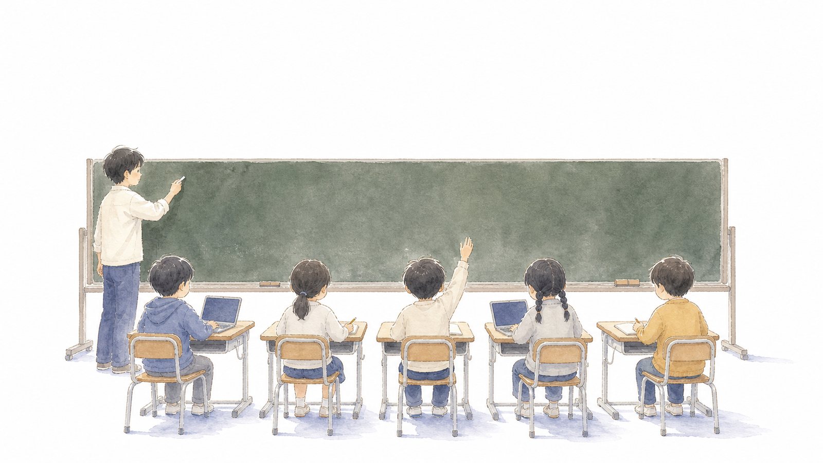 黒板の前で話す先生と、それを聞く子どもたちの水彩画