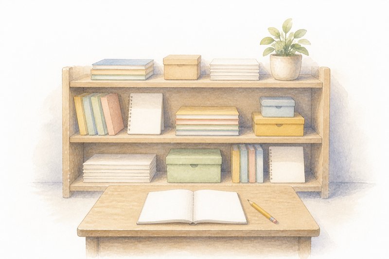 道具と教材が並ぶ棚と机のイラスト