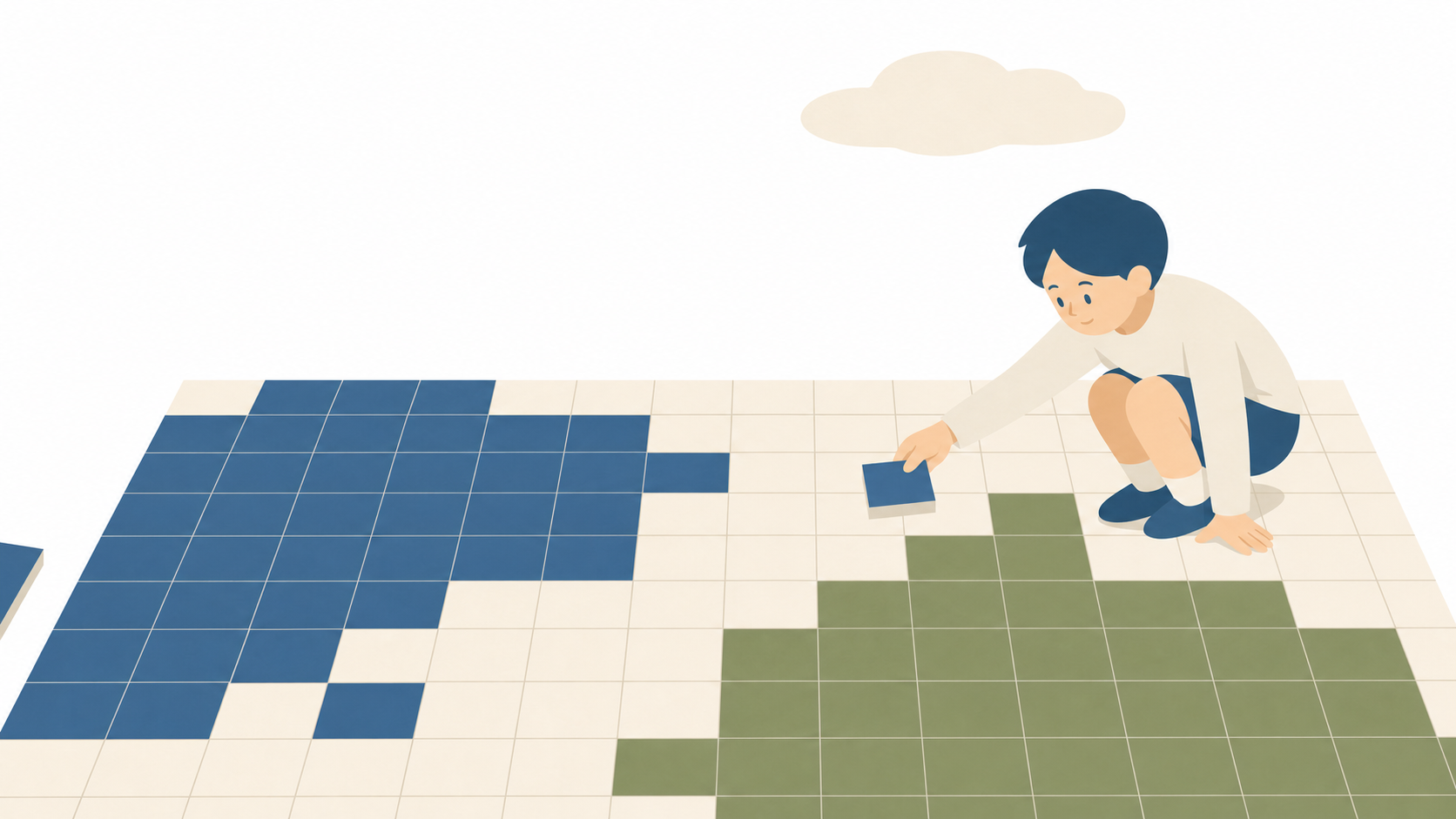 陣取りゲームの方眼で広さをくらべ、単位の正方形を数える子どものイラスト