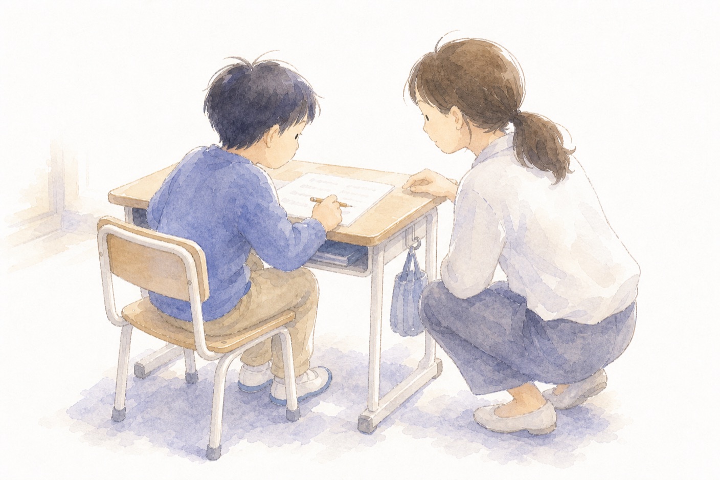 連載「教室の中の特別支援」（先生が子どもの机の横にしゃがんで一緒にプリントを見る水彩イラスト）