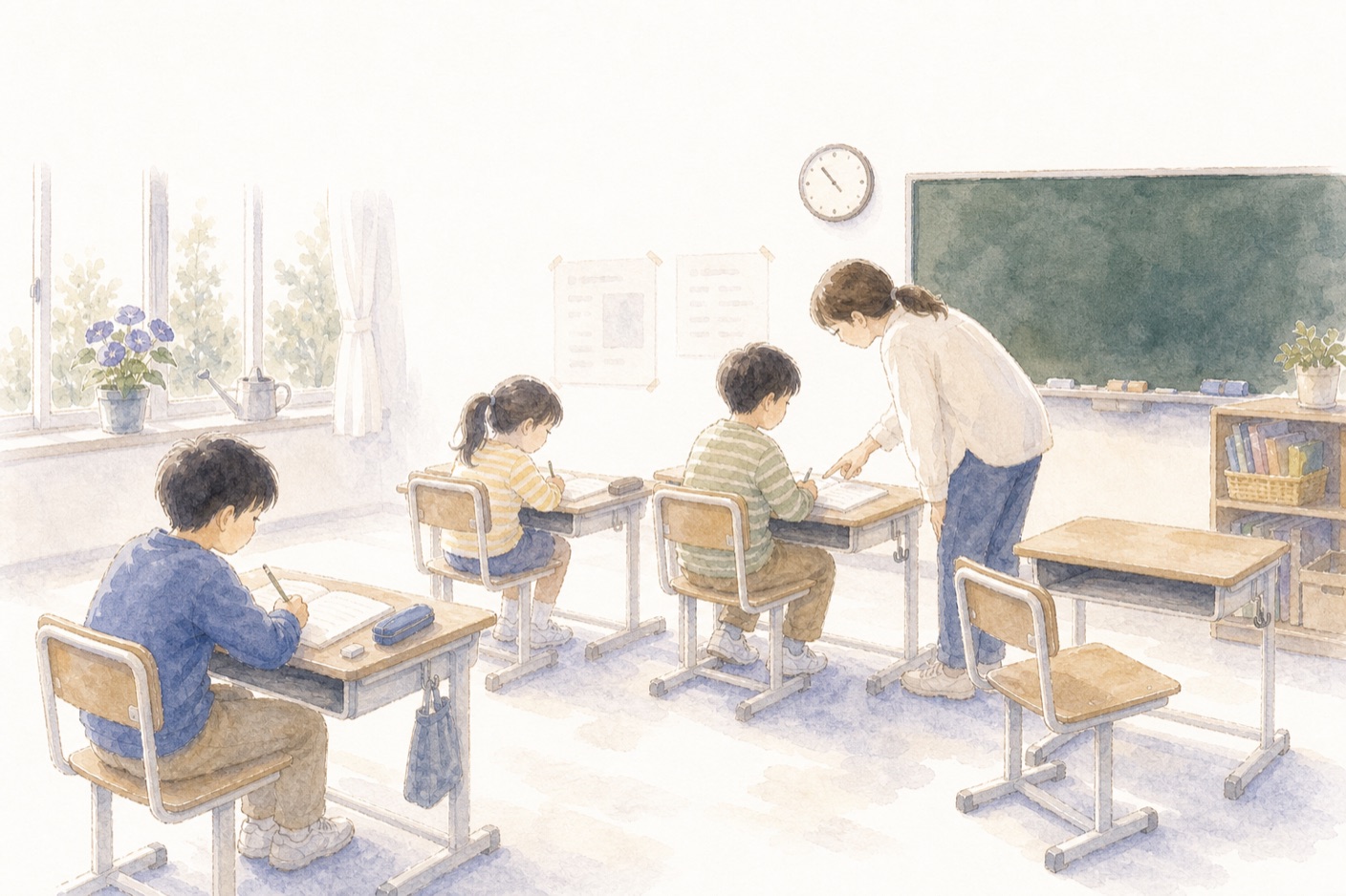 教室で学ぶ子どもたちと先生の水彩イラスト