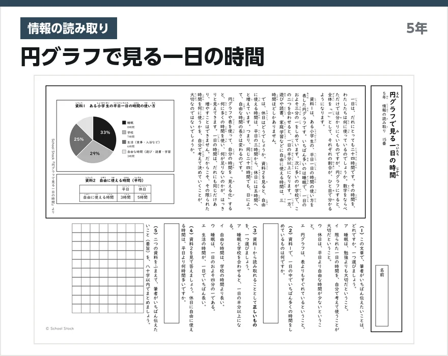 情報の読み取り 円グラフで見る一日の時間