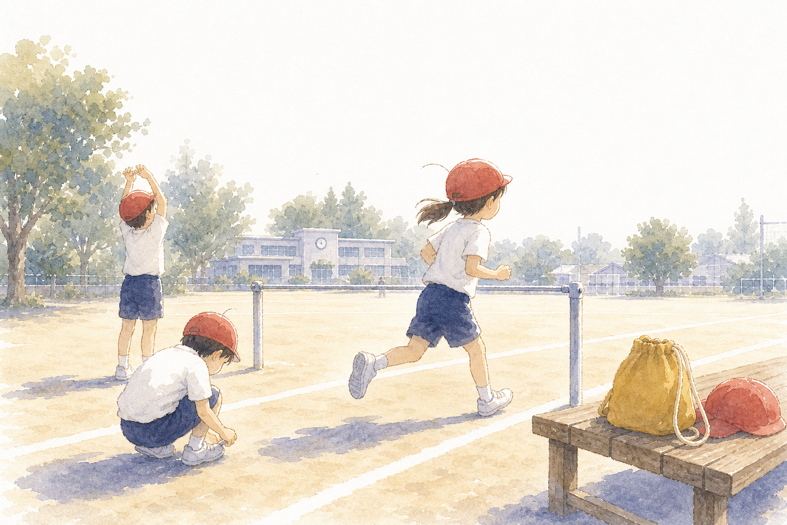 体育 学習カード（グラウンドで運動する子どもたちの水彩イラスト）
