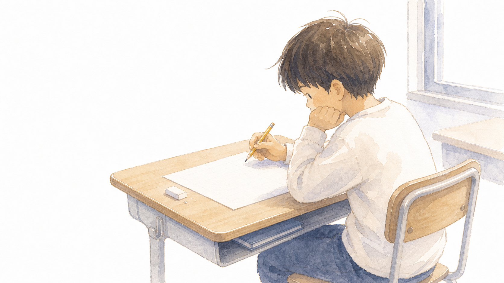 机でプリントに向かい、鉛筆を止めて考えこむ子どもの水彩イラスト