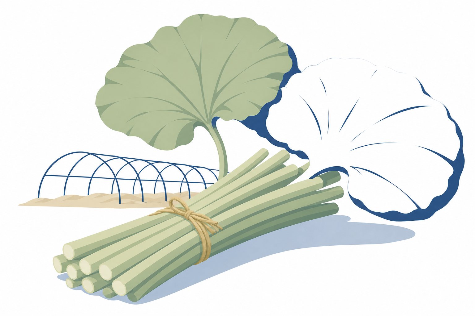 地域の特産野菜の畑。地域でつくられる特産の野菜（フキ）の畑をあらわしたフラットイラスト。