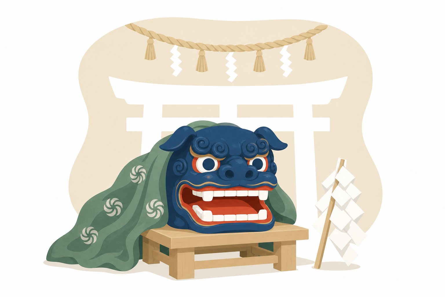 地域のお祭り（獅子舞）。地域に古くから伝わる、獅子舞のあるお祭りをあらわしたフラットイラスト。