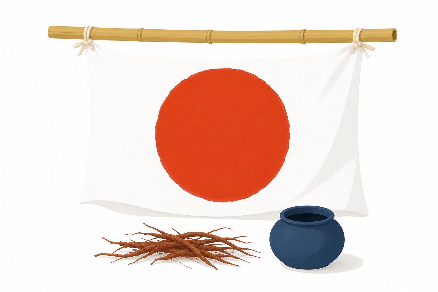 草木染め（赤い染め物）。草木で赤く染める、昔ながらの染め物をあらわしたフラットイラスト。