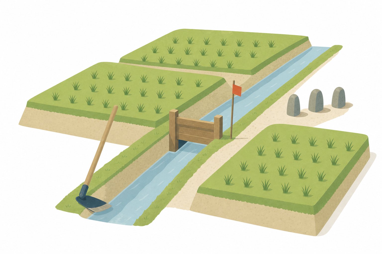田をうるおす用水路。田畑に水を引くためにつくられた用水路をあらわしたフラットイラスト。