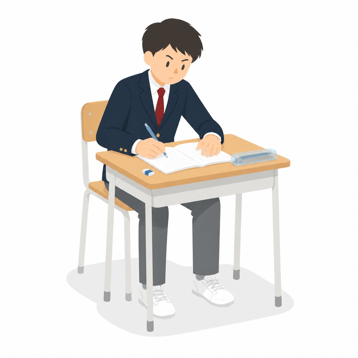 中学生・数学・ノートに計算する男子（ブレザー）。机で計算問題に取り組む男子中学生（横向き）。輪郭線なしのフラットイラスト。制服は紺ブレザー×えんじのシリーズ共通デザインなので、他の中学生素材と組み合わせても同じ学校の場面になります。