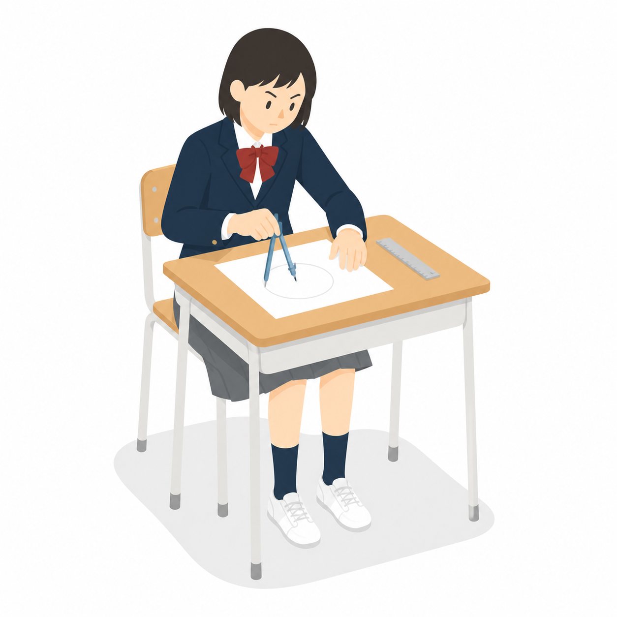 中学生・数学・コンパスで作図する女子(ブレザー)。コンパスで円をかく女子中学生。輪郭線なしのフラットイラスト。制服は紺ブレザー×えんじのシリーズ共通デザインなので、他の中学生素材と組み合わせても同じ学校の場面になります。