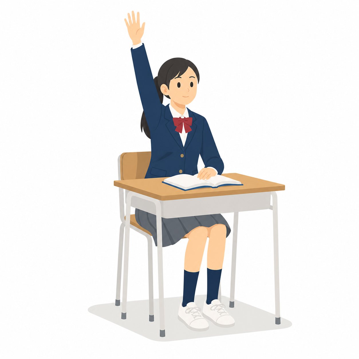 中学生・挙手する女子(ブレザー)。手を挙げて発言する女子中学生。輪郭線なしのフラットイラスト。制服は紺ブレザー×えんじのシリーズ共通デザインなので、他の中学生素材と組み合わせても同じ学校の場面になります。