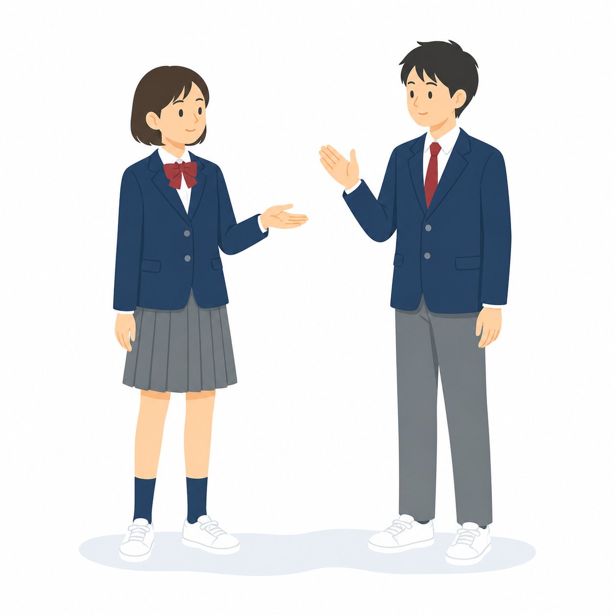 中学生・英語・ペアで会話練習(ブレザー)。向かい合って会話練習する男女。輪郭線なしのフラットイラスト。制服は紺ブレザー×えんじのシリーズ共通デザインなので、他の中学生素材と組み合わせても同じ学校の場面になります。