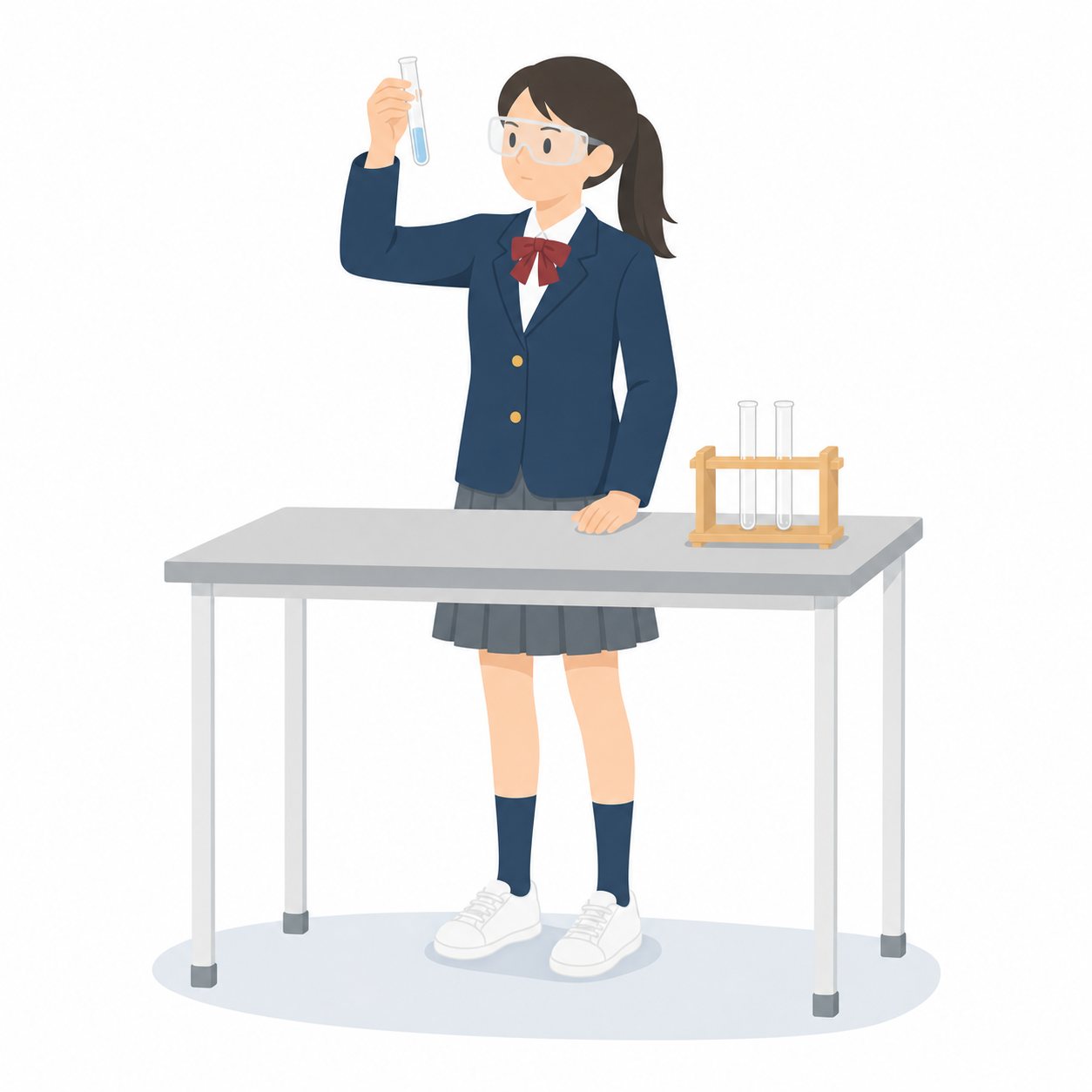 中学生・理科・試験管を観察する女子（ブレザー）。試験管を持って観察する女子中学生（保護メガネ）。輪郭線なしのフラットイラスト。制服は紺ブレザー×えんじのシリーズ共通デザインなので、他の中学生素材と組み合わせても同じ学校の場面になります。