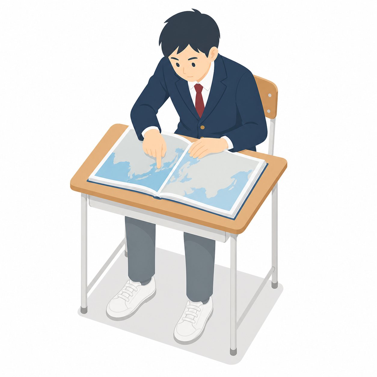 中学生・社会・地図帳を調べる男子(ブレザー)。地図帳で調べる男子中学生。輪郭線なしのフラットイラスト。制服は紺ブレザー×えんじのシリーズ共通デザインなので、他の中学生素材と組み合わせても同じ学校の場面になります。