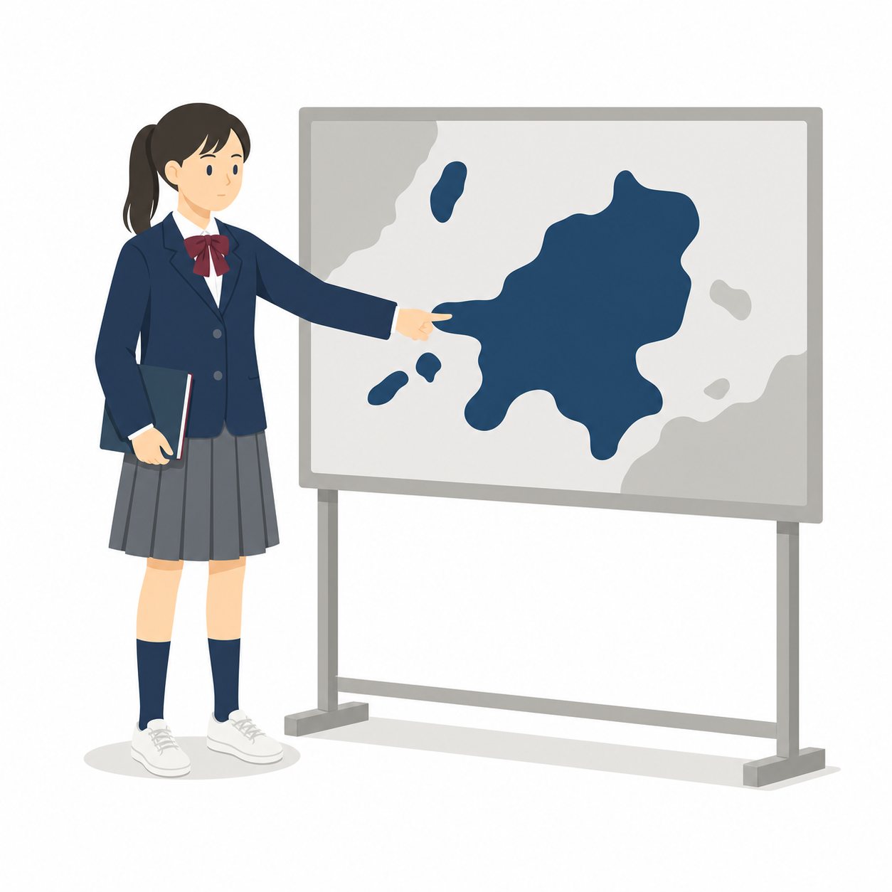 中学生・社会・掲示地図を指さす女子(ブレザー)。壁の地図を指さして説明する女子中学生。輪郭線なしのフラットイラスト。制服は紺ブレザー×えんじのシリーズ共通デザインなので、他の中学生素材と組み合わせても同じ学校の場面になります。