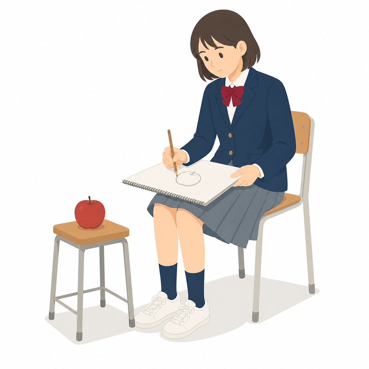 中学生・美術・スケッチする女子(ブレザー)。りんごをスケッチする女子中学生。輪郭線なしのフラットイラスト。制服は紺ブレザー×えんじのシリーズ共通デザインなので、他の中学生素材と組み合わせても同じ学校の場面になります。