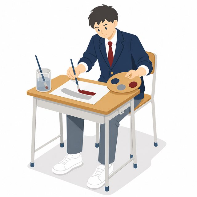 中学生・美術・絵の具で描く男子（ブレザー）