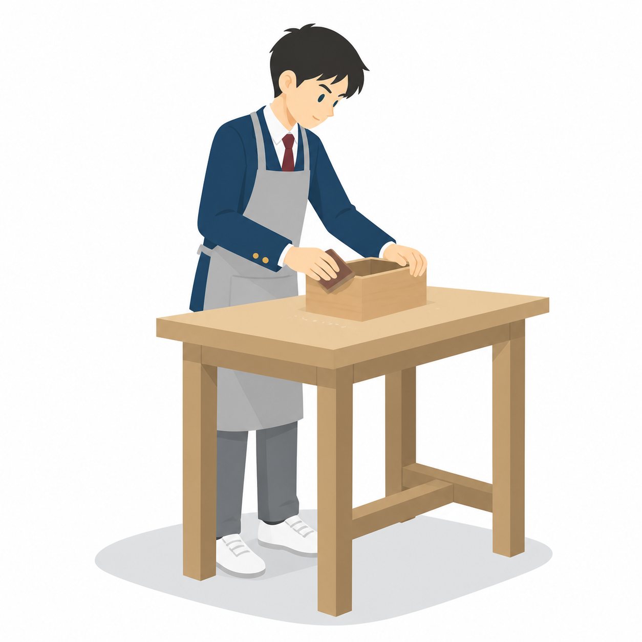中学生・技術・木工でやすりがけする男子（ブレザー）。木の箱をやすりがけする男子中学生。輪郭線なしのフラットイラスト。制服は紺ブレザー×えんじのシリーズ共通デザインなので、他の中学生素材と組み合わせても同じ学校の場面になります。