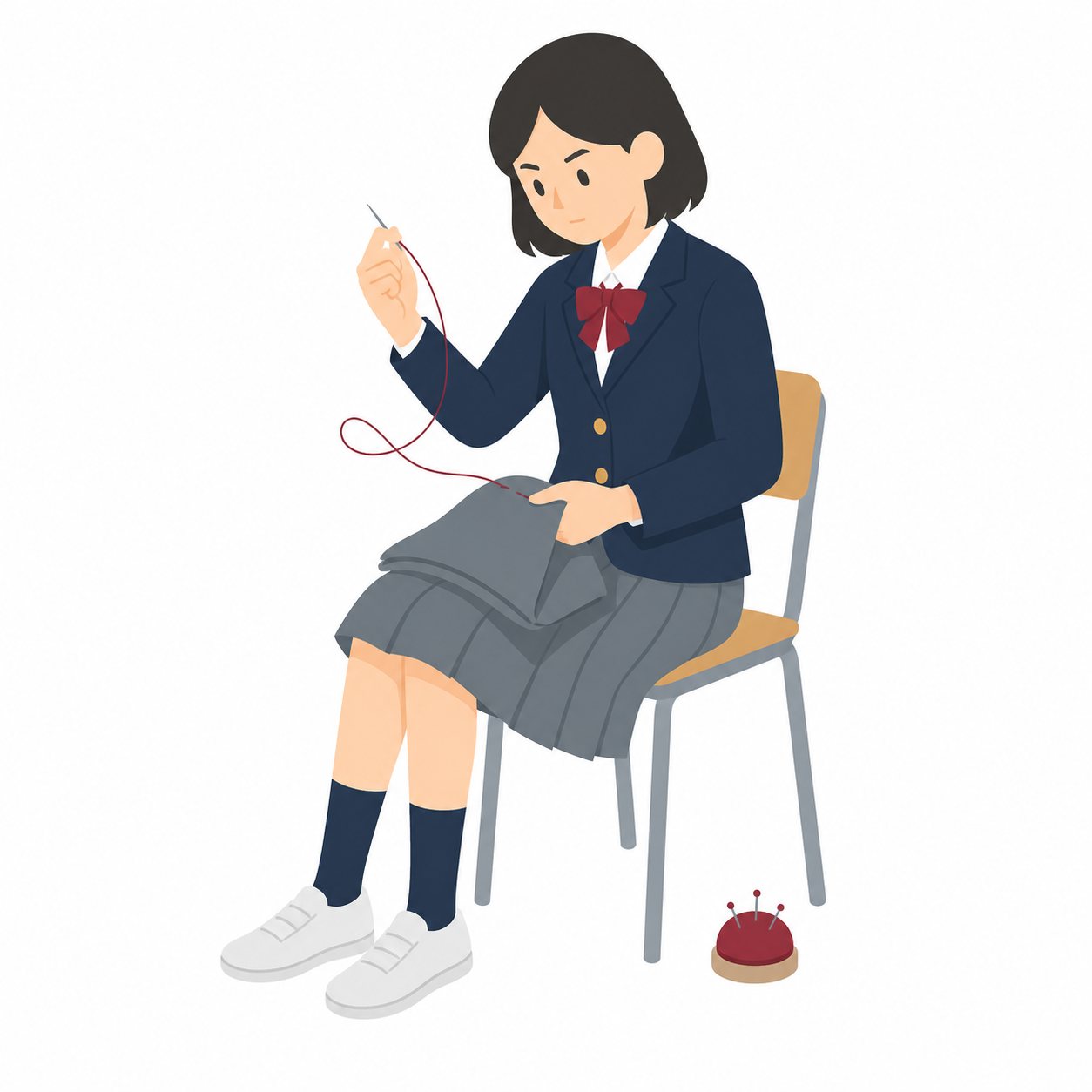 中学生・家庭科・手縫いする女子(ブレザー)。手縫いの練習をする女子中学生。輪郭線なしのフラットイラスト。制服は紺ブレザー×えんじのシリーズ共通デザインなので、他の中学生素材と組み合わせても同じ学校の場面になります。