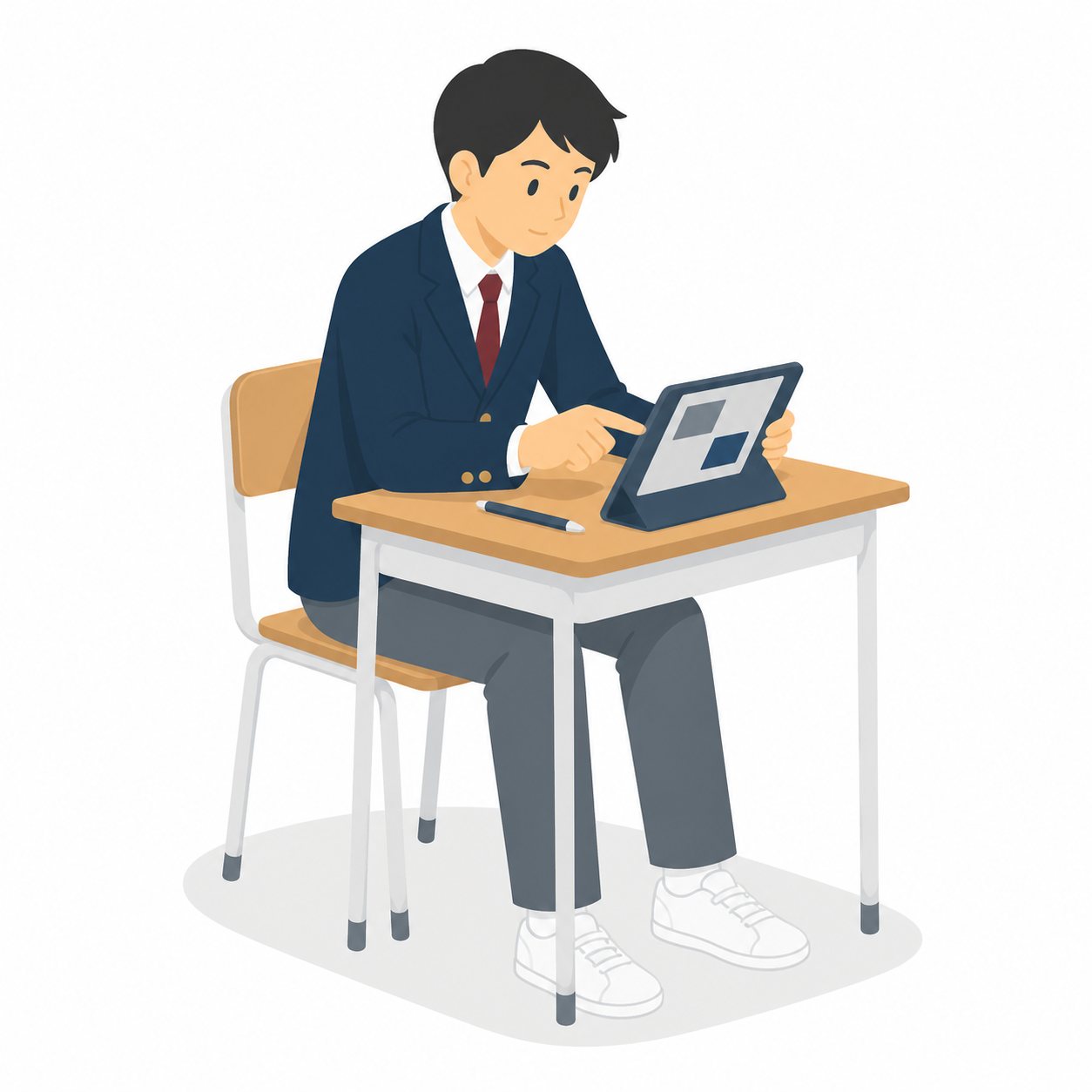 中学生・タブレットで学ぶ男子（ブレザー）。タブレットで調べ学習する男子中学生。輪郭線なしのフラットイラスト。制服は紺ブレザー×えんじのシリーズ共通デザインなので、他の中学生素材と組み合わせても同じ学校の場面になります。