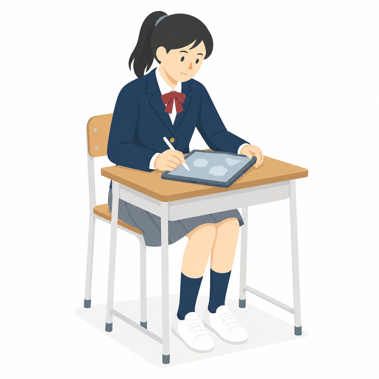 中学生・タブレットに書き込む女子（ブレザー）。スタイラスでタブレットに書く女子中学生。輪郭線なしのフラットイラスト。制服は紺ブレザー×えんじのシリーズ共通デザインなので、他の中学生素材と組み合わせても同じ学校の場面になります。