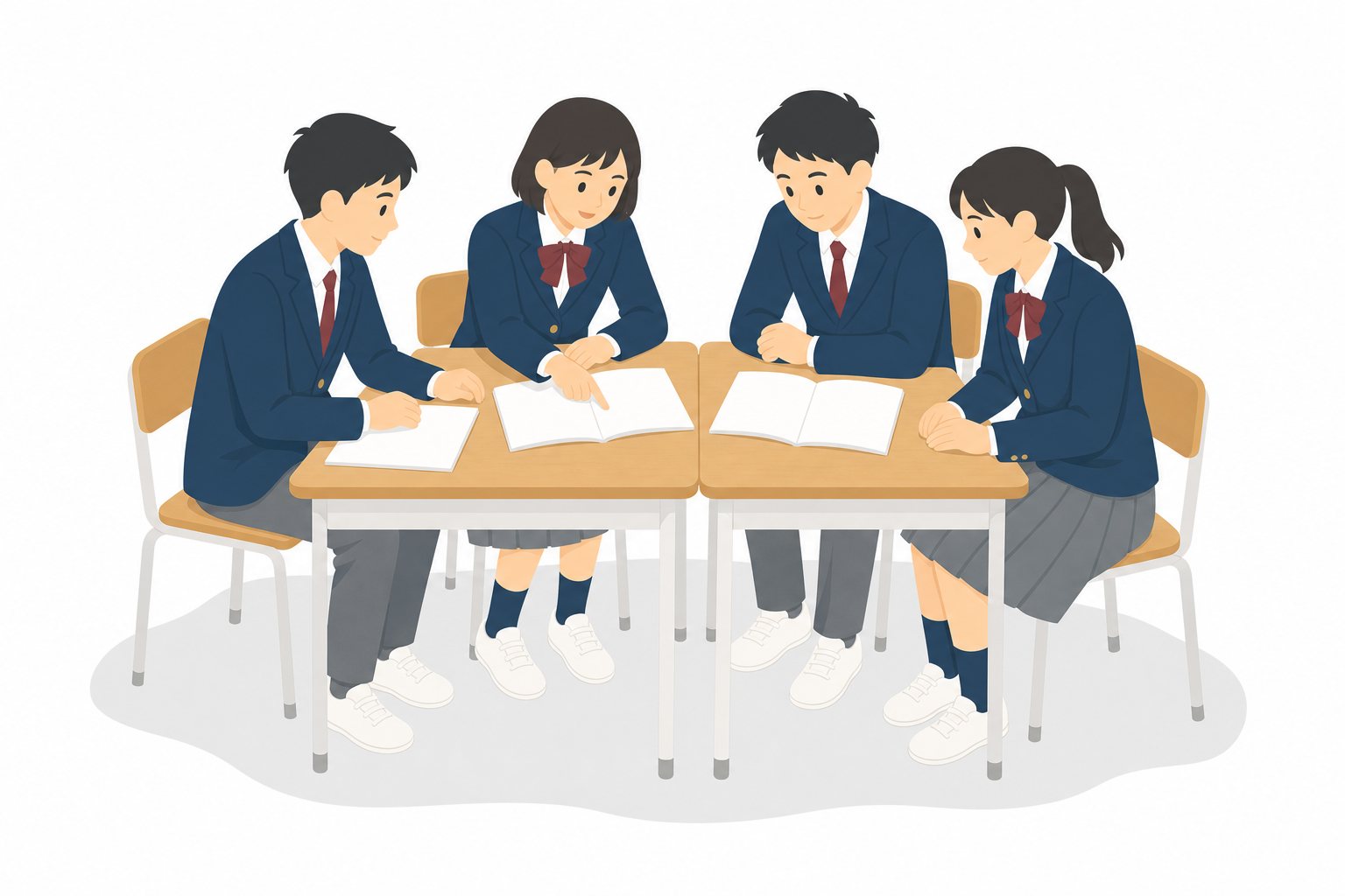 中学生・グループ学習（4人）（ブレザー）。机を合わせて話し合う4人グループ。輪郭線なしのフラットイラスト。制服は紺ブレザー×えんじのシリーズ共通デザインなので、他の中学生素材と組み合わせても同じ学校の場面になります。
