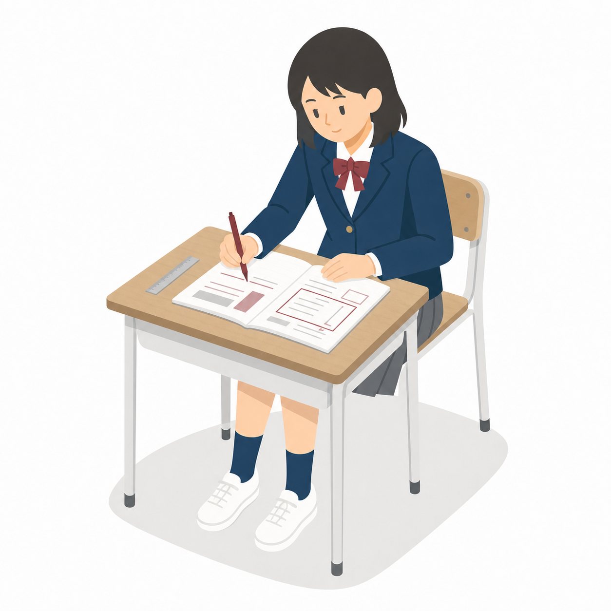 中学生・ノートまとめをする女子（ブレザー）。ノートをていねいにまとめる女子中学生。輪郭線なしのフラットイラスト。制服は紺ブレザー×えんじのシリーズ共通デザインなので、他の中学生素材と組み合わせても同じ学校の場面になります。