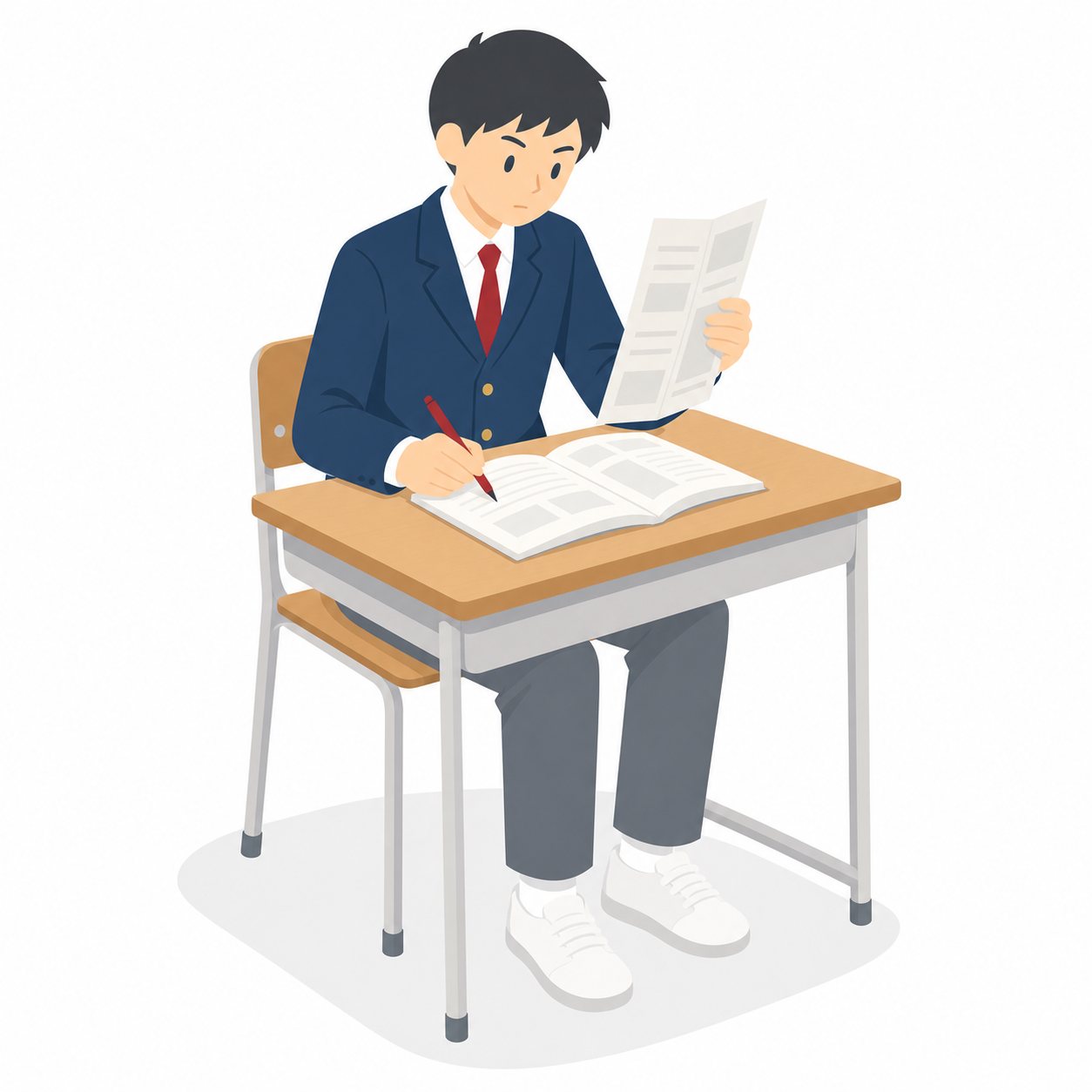 中学生・赤ペンで丸つけする男子（ブレザー）。自分で丸つけをする男子中学生。輪郭線なしのフラットイラスト。制服は紺ブレザー×えんじのシリーズ共通デザインなので、他の中学生素材と組み合わせても同じ学校の場面になります。