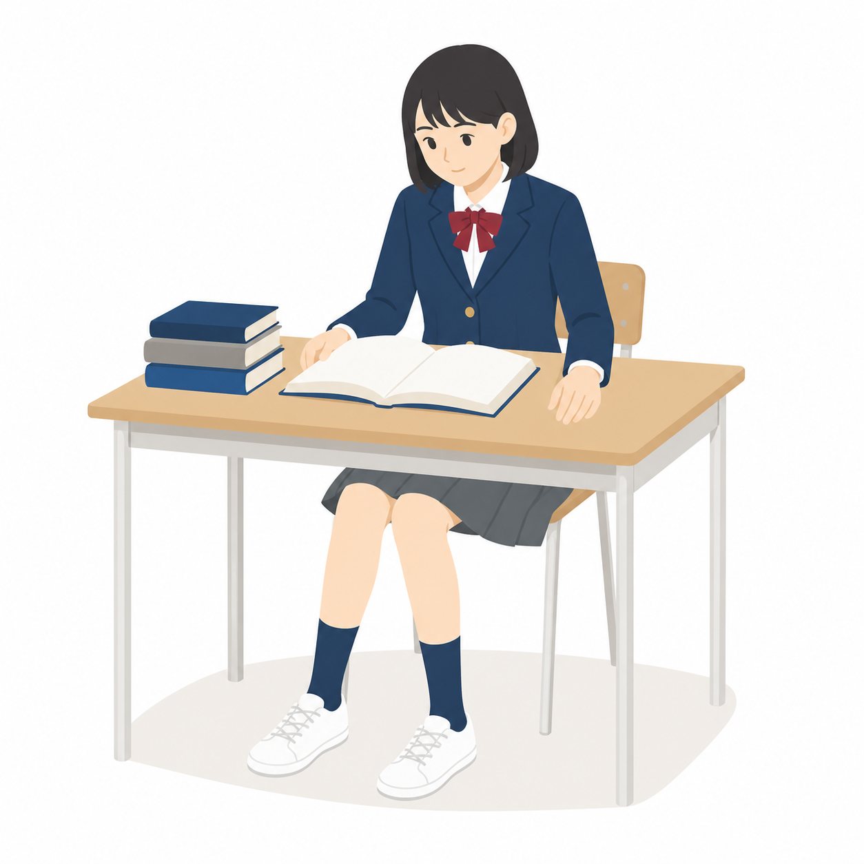 中学生・読書する女子(図書室)(ブレザー)。図書室で読書する女子中学生。輪郭線なしのフラットイラスト。制服は紺ブレザー×えんじのシリーズ共通デザインなので、他の中学生素材と組み合わせても同じ学校の場面になります。