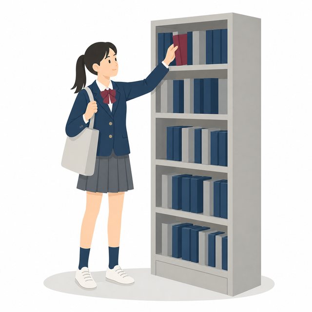中学生・本棚から本を選ぶ女子（ブレザー）