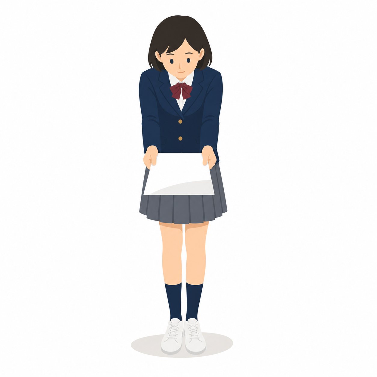 中学生・プリントを提出する女子（ブレザー）。両手でプリントを提出する女子中学生。輪郭線なしのフラットイラスト。制服は紺ブレザー×えんじのシリーズ共通デザインなので、他の中学生素材と組み合わせても同じ学校の場面になります。
