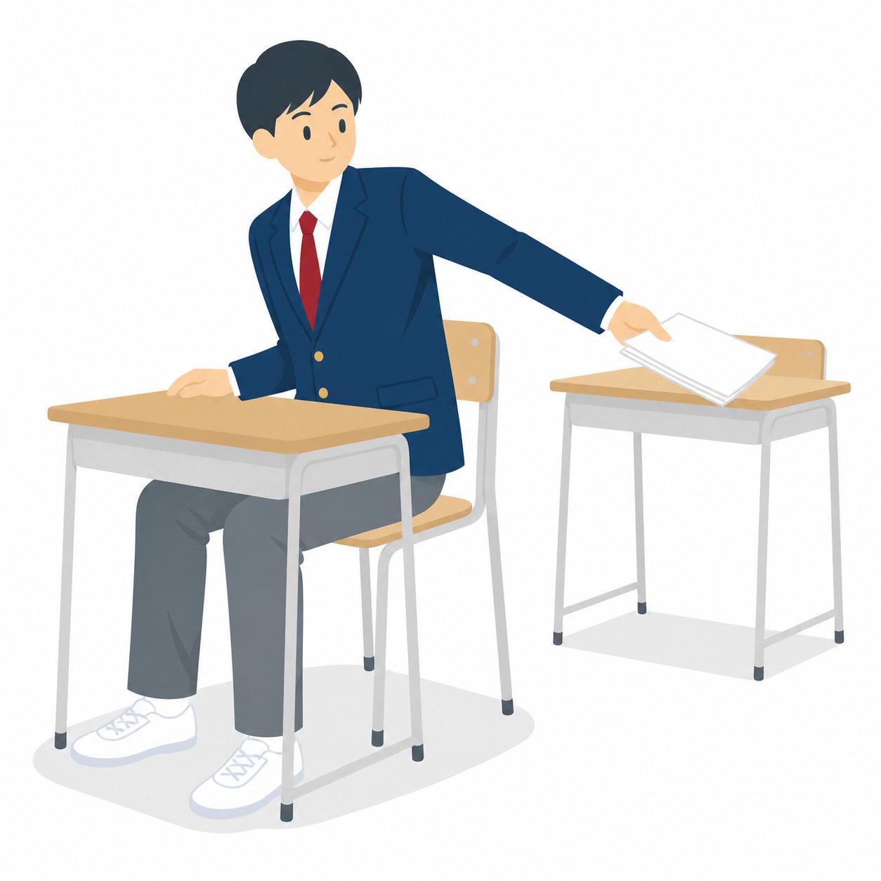中学生・プリントを後ろへ回す男子(ブレザー)。プリントを後ろの席へ回す男子中学生。輪郭線なしのフラットイラスト。制服は紺ブレザー×えんじのシリーズ共通デザインなので、他の中学生素材と組み合わせても同じ学校の場面になります。