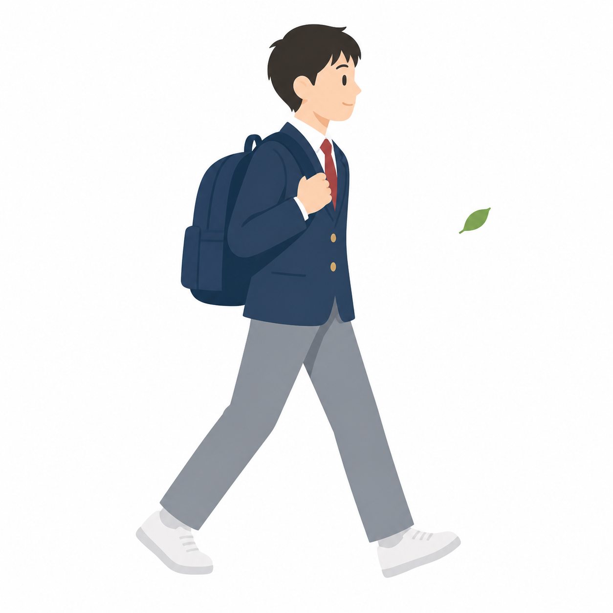 中学生・登校する男子（ブレザー）。通学カバンで登校する男子中学生。輪郭線なしのフラットイラスト。制服は紺ブレザー×えんじのシリーズ共通デザインなので、他の中学生素材と組み合わせても同じ学校の場面になります。