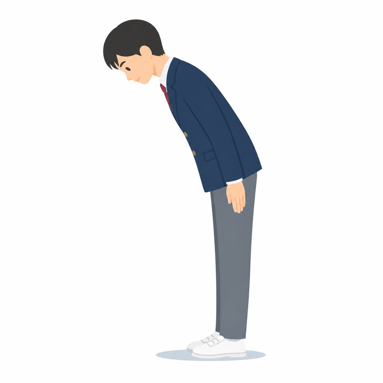 中学生・あいさつ・おじぎする男子（ブレザー）。きちんとおじぎする男子中学生。輪郭線なしのフラットイラスト。制服は紺ブレザー×えんじのシリーズ共通デザインなので、他の中学生素材と組み合わせても同じ学校の場面になります。