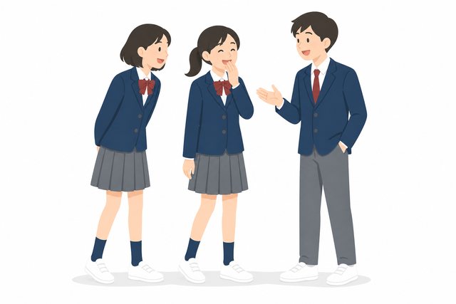 中学生・休み時間に談笑する3人（ブレザー）
